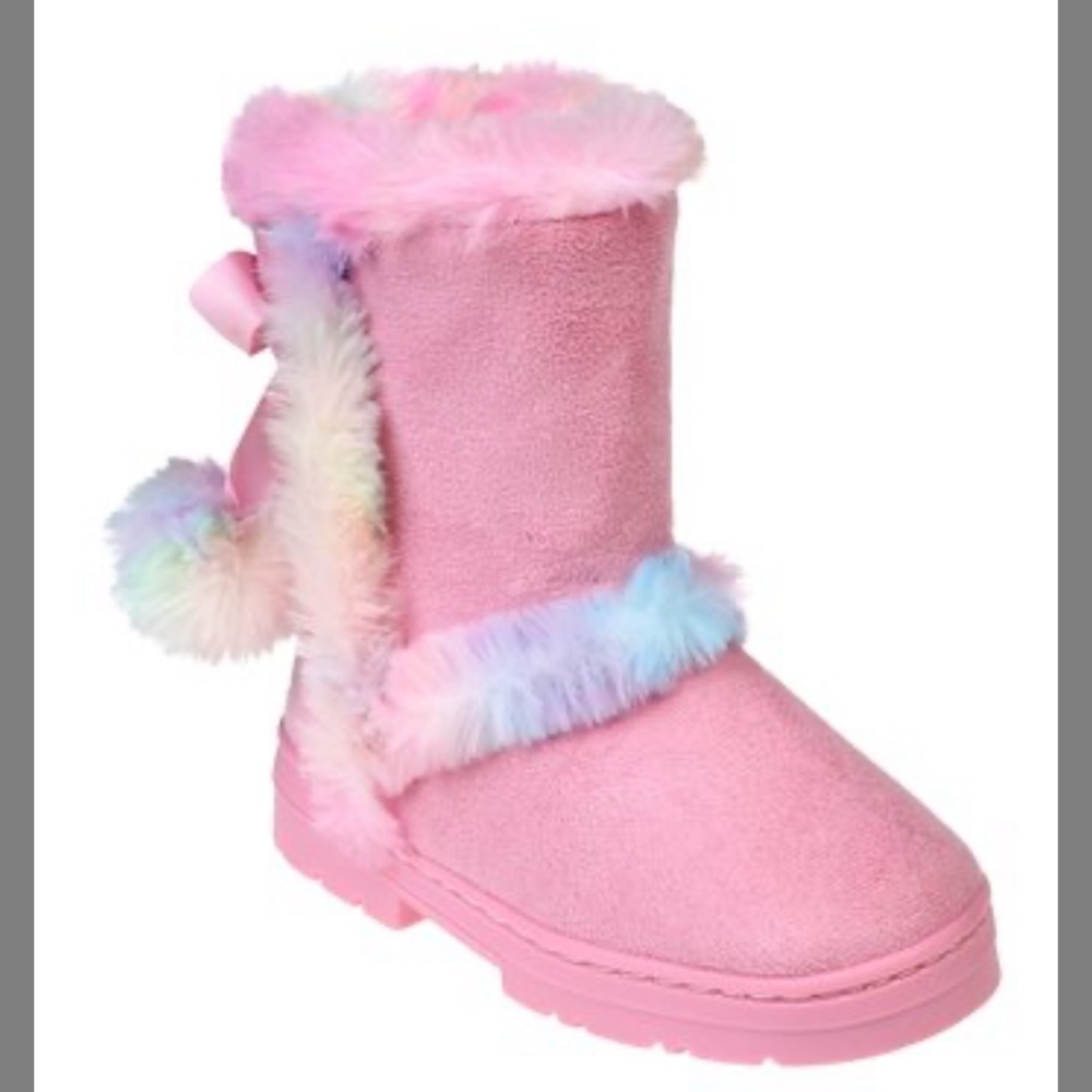 NWT  bebe girls pink multi colored fauxfur trim and pom poms size7